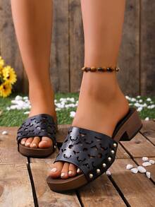 Women's Summer New Casual Fashion Wedge Thick Bottom Slippers, Plus Size Wholesale Open Toe Beach Sandals - Black - View 4