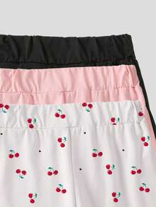 3pcs Teen Girl Minimalist Black & Pink Cherry Print Fitted Flare Pants, Versatile Casual For Spring, Summer, Autumn - Multicolor - View 5