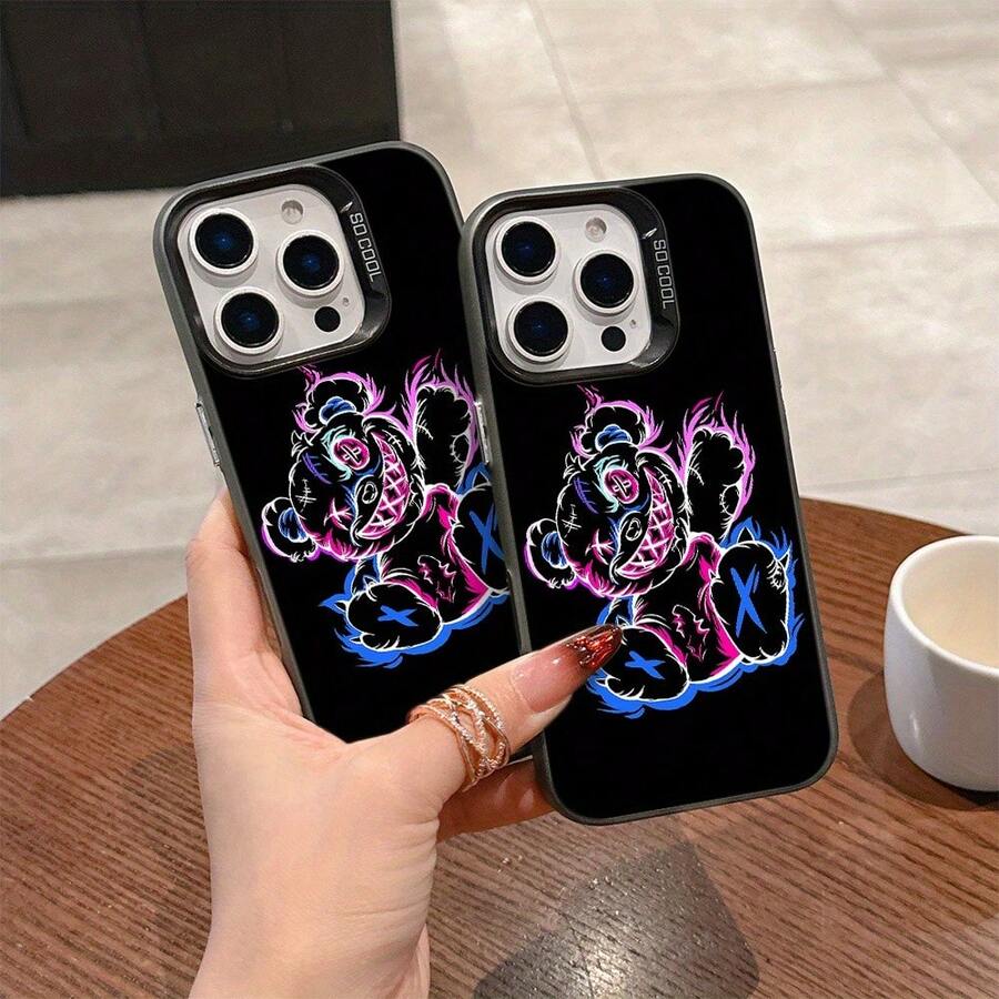 Funda para Teléfono con Diseño de Oso de Llamas Coloridas para iPhone 16 15 14 13 12 11 Pro Max X XR XSMAX 8 7 Plus, Cubierta Trasera Mate Anti-caídas - Colores mixtos - Ver 1