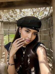 1顶女士金属扣贝雷帽，八角帽，甜美酷炫圆脸英伦复古画家帽，女士贝雷帽 - 卡其色 - 查看 4