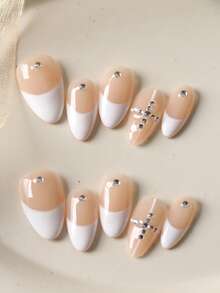10pcs Acrylic Press On Nails Almond Nails French Style White Cross Strobe Nails Press On Nail Supplies Short Nails Fake Nails Artificial Nails Kit Includes 1sheet Adhesive Tabs &1 Pc Mini File - Multicolor - View 2