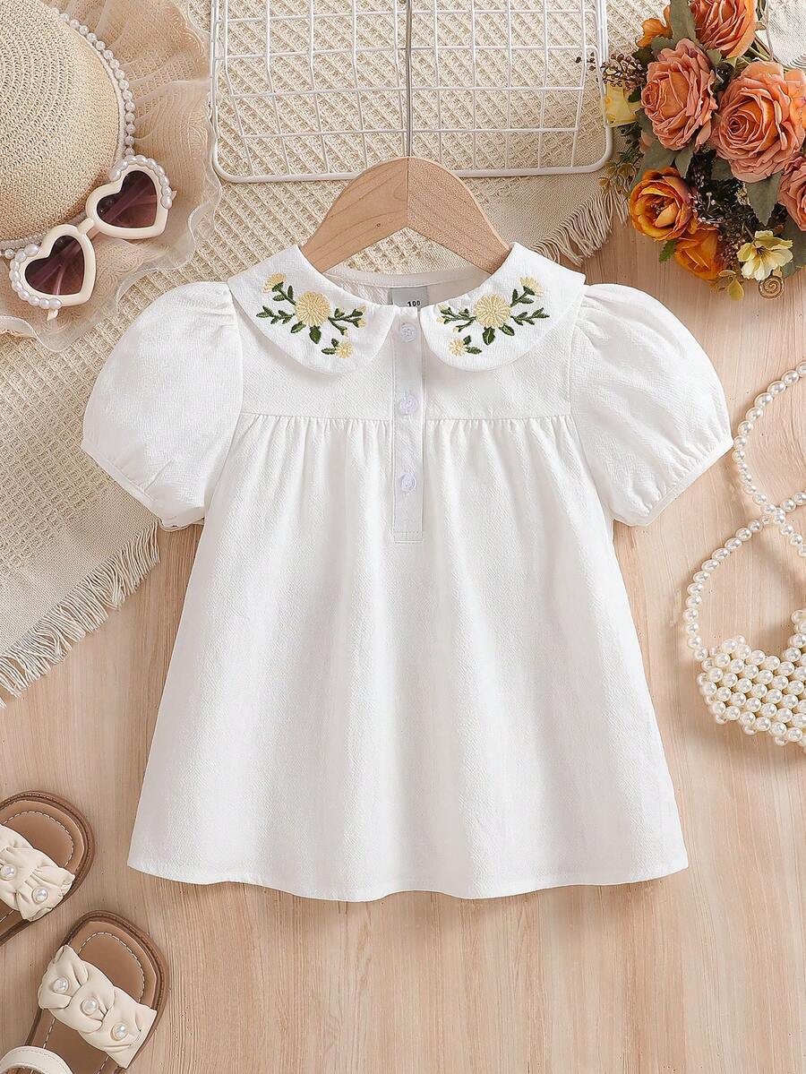 Young Girl Summer Floral Embroidery Puff Sleeve Peter Pan Collar Cute Blouse - White - View 1