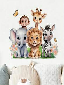 1 pieza Vivos adhesivos de pared de animales africanos - Elefantes, jirafas, leones, cebras y mariposas, leones de dibujos animados lindos, elefantes, tigres, animales del bosque, nubes arcoíris, adhesivos de pared para habitaciones de niños, guarderías, dormitorios, salas de estar, sofás, adhesivos de pared de fondo, adecuados para niños y niñas, dormitorio, sala de estar, decoración de habitación de bebé, hechos de material de vinilo, hermosos y convenientes