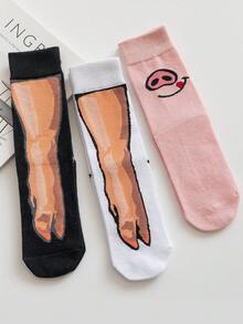 3 Pairs Unisex Pig Paw Design Mid-Calf Socks, Cute Animal Print Novelty Socks - Multicolor - View 2