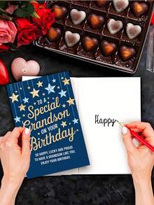 1张精美“特别的孙子”生日贺卡。包含信封和优质纸张。活泼的星星和文字图案设计。完美表达温馨的爱意——送给孙子的理想贺卡（12厘米/4.7英寸 x 17厘米/6.7英寸） - 彩色 - 查看 7