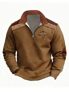 Camisa polo masculina retrô estilo western com estampa geométrica de caveira de touro e estrela, na cor cáqui e marrom, com meio zíper e gola. Ideal para atividades ao ar livre e uso casual na primavera, outono e inverno. - Castanho - Ver 10