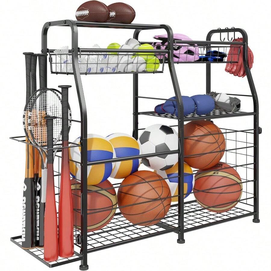 Garage Sports Equipment Organizer With Wheels - Ball Storage Rack With Elastic Rope Or Wire MeshGarage Organizer System Indoor/Outdoor Sports Rack For Sports Gear And Toys Storage Black - Black - View 1