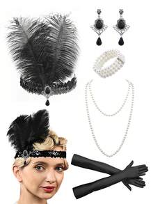 5件組 D EXCEED 1920年代女式 Flapper 舞女服飾配件套裝,含頭帶、項鍊、手套、耳環、手鍊,適用於歌劇舞會、大亨小傳主題派對、正式晚宴、化裝舞會、Cosplay、裝飾藝術風格派對 - 1920s Flapper Costume Accessories - 查看 9