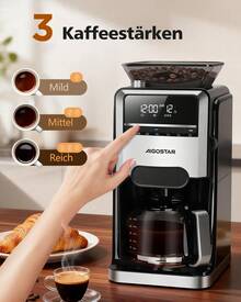 Aigostar Kaffeemaschine mit Mahlwerk 1400W filterkaffeemaschine 7 Mahlgrade 3 Brühstärken 1,5 Liter Coffee Machine 2-12 Tassen 24H Timer Warmhaltefunktion Schwarz für frischen Kaffeegenuss - EU E-Typ Stecker (220-240V) - Übersicht 5