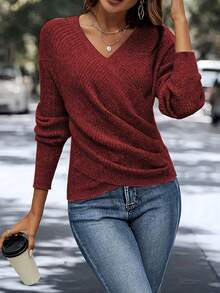 Women's Elegant V-Neck Wrap Knit Top - A Versatile Long Sleeve Sweater Perfect For Modern Women's Daily Casual Outings, Office Chic Looks, And Effortlessly Stylish Gatherings  Workout Tops  Ski Outfit Women  Women's Winter Clothing Of Women's Winter Clothing Women's Winter Fashion Women's Winter Promotion Of Women's Winter Clothing  Christmas  Halloween Christmas Gift - 紅色 - 查看 2