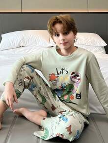 2pcs/Set Autumn Cartoon Dinosaur Print Pajamas For Boys, Round Neck Skin-Friendly Comfortable Long Sleeve Long Pants Set For Big Kids - Green - View 4