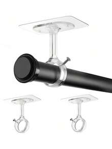 2pcs Curtain Rod Brackets, Ceiling Mount Curtain Rod Holders, Heavy Duty Self-Adhesive Curtain Rods, Adjustable Curtain Hooks, Suitable For Wardrobe, Bedroom, Bathroom, Kitchen, Apartment (Black And White) - Multicolor - View 5