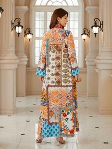 优雅女士V领长袖波西米亚印花连衣裙，采用柔软面料制成，展现别致的波西米亚风格 - BX12 - 查看 7