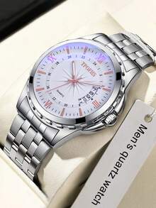 1pc Circular Calendar Luminous Quartz Stainless Steel Band Casual Business Men's Watch - one-size - View 6