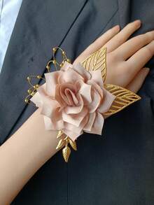 1 Wrist Corsage + 1 Champagne Rose Flower Brooch, Artificial Flower Decoration For Wedding Bride, Groom, Bridesmaid, Groomsman, Party, Daily Wear - A - View 4
