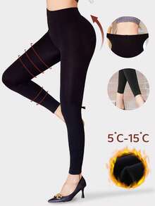 1件装女士黑色保暖内衬打底裤，弹力修身抓绒紧身裤，适合春秋季穿着 - 黑色 - 查看 3