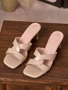 Women's Chunky Heel Sandals, Summer High Heel Open Toe Slides - Pink - View 5