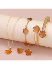 5 件优雅商务设计奢华经典闪亮四叶草手链、项链、戒指、耳环首饰套装，适合女性日常佩戴、派对、户外狂欢节、圣诞节，完美的节日礼物 - 彩色 - 查看 8