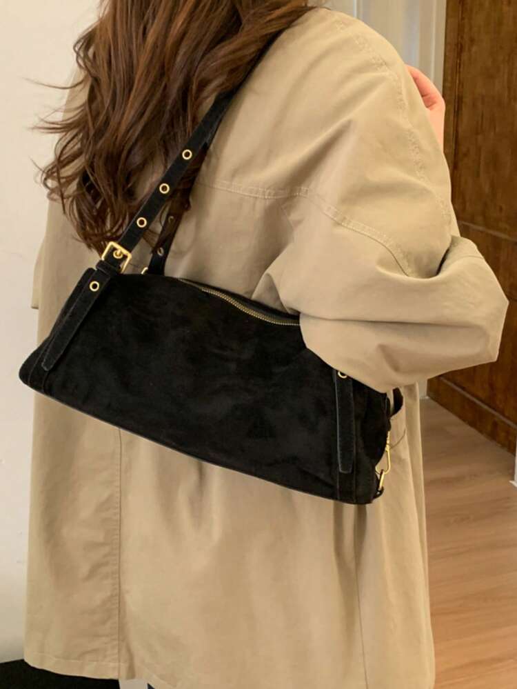 Bolso de mano estilo retro minimalista para mujer - Nuevo lanzamiento de invierno 2025, bolso de hombro de lujo de alta gama con bloques de color, adecuado para ir de tienda en tienda a corta distancia con correa de hombro ajustable - Negro - Añade 4