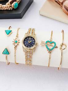 5件套“女士全钻黄金腕表及绿松石元素手链套装：轻奢个性化石英表组合。情人节、圣诞节等节日送礼佳品（不含礼盒）” - 金色 - 查看 2
