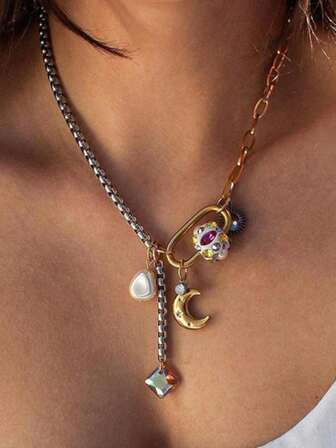 1pc Starry Sky, Moon & Pearl Combination Necklace, Fashionable & Versatile For Women