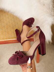 Elegante Mode Frauen Riemen Schleife Runde Spitze Klobiger Absatz Super High Heel Mary Jane Schuhe, Schnallenverschluss für einfaches An- und Ausziehen, geeignet für Party/Hochzeit/Weihnachten/Arbeitsweg/Frühling & Herbst, Weinrot High Heels, Komfortable Damenschuhe, Business-Etikette, Urlaub, Damenformalschuhe - Bordeaux - Übersicht 3