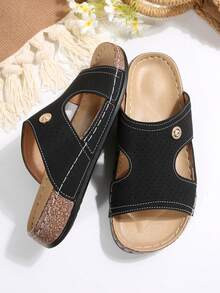 Women's New Burgundy Wedge Hollow Slip-On Sandals, Casual Vacation Beach Style, Fashion Versatile Black Summer Slippers - Black - View 8