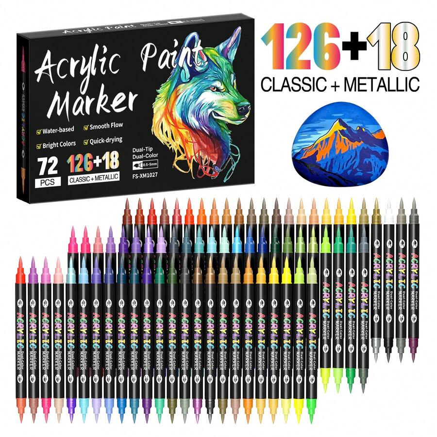 144/96/72/48/24 Colors Dual Tip Acrylic Marker Pens, 1 Pen With 2 Colors, Blendable, Suitable For Colored Sketch, Art Painting, Christmas, Thanksgiving, New Year, Easter, Holiday Gifts, Card Making, Metal, Ceramic, Glass, Halloween Decoration Coloring Brush - Double-ended Marker Pen - View 1