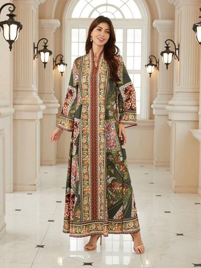 Elegant Women's Notched Neck Long Sleeve Dress, Made Of Soft Fabric With Vibrant Bohemian Print, Showcasing A Graceful Style Spring