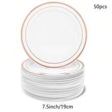 25个（7.5英寸/10.25英寸）多尺寸白色圆形双圈金色边盘水果沙拉盘，可重复使用且可清洗，适用于婚礼、派对、宴会、情人节、感恩节和圣诞节等场合，宴会餐具，派对餐盘，节日设计，时尚服务，可重复使用餐具，易于清洁，盛菜盘，餐饮服务，派对组织者