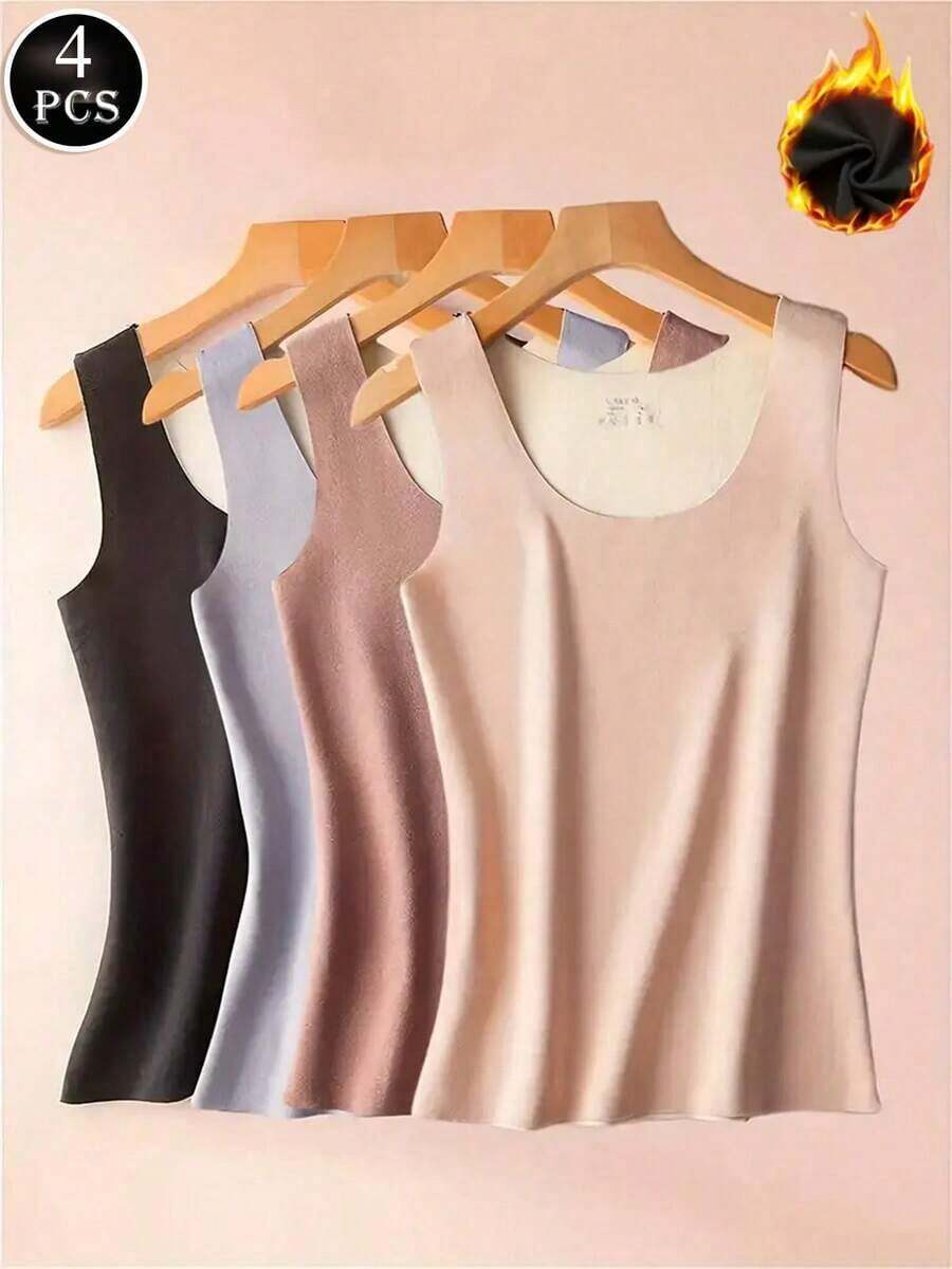 4pcs Women'S Seamless Thermal Tank Tops - Sleeveless, Double-Sided Brushed Solid Color, For Inner Wear As A Base Layer, With A Slim Round Neck,, Stretchy & Soft Chalecos Para Mujer Invierno For Winter Warmth - Nhiều màu - Xem 1