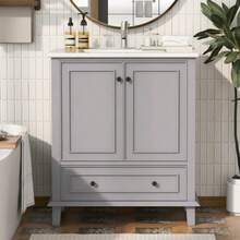 76x46x87cm Bodenstehender Badezimmerschrank Mit Waschbeck, Waschtisch, Beine Aus Massivholz, Volllackierung, Feuchtigkeits- Und Wasserdicht, Larger Stauraum, Integriertes Keramikwaschbecken, Grau - Grey - View 1