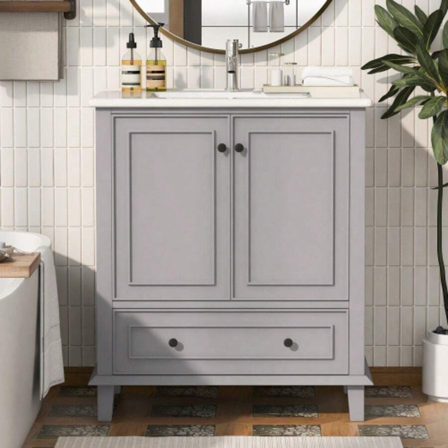 76x46x87cm Bodenstehender Badezimmerschrank Mit Waschbeck, Waschtisch, Beine Aus Massivholz, Volllackierung, Feuchtigkeits- Und Wasserdicht, Larger Stauraum, Integriertes Keramikwaschbecken, Grau - Grey - View 1