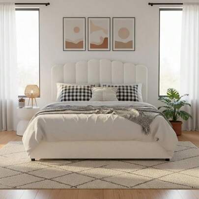 Queen Bed Frame With Padded Headboard - Gas Lift Storage Boucle Fabric Upholstered Platform Base Wooden Slat Support For Bedroom Home Furniture White