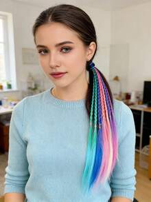 6件套彩色编织发饰套装，包含女士假发、甜美钩编发圈和发绳、波西米亚风手工编织发带，适合日常佩戴和特殊场合，也是一份贴心的礼物。 - 彩色 - 查看 3