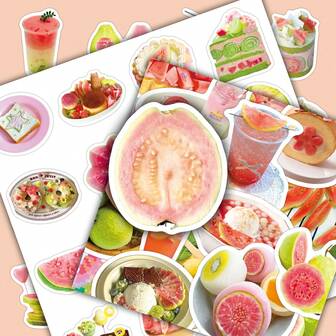 50张番石榴水果灵感粉绿色韩式极简清新蛋糕装饰贴纸，适用于奶茶杯、剪贴簿等