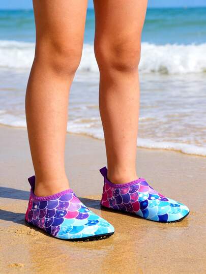 Kids Water Shoes For Girls Toddler Mermaid Scale Print Purple Blue Pink Quick Dry Anti-Slip Aqua Socks For Beach Pool Water Activities