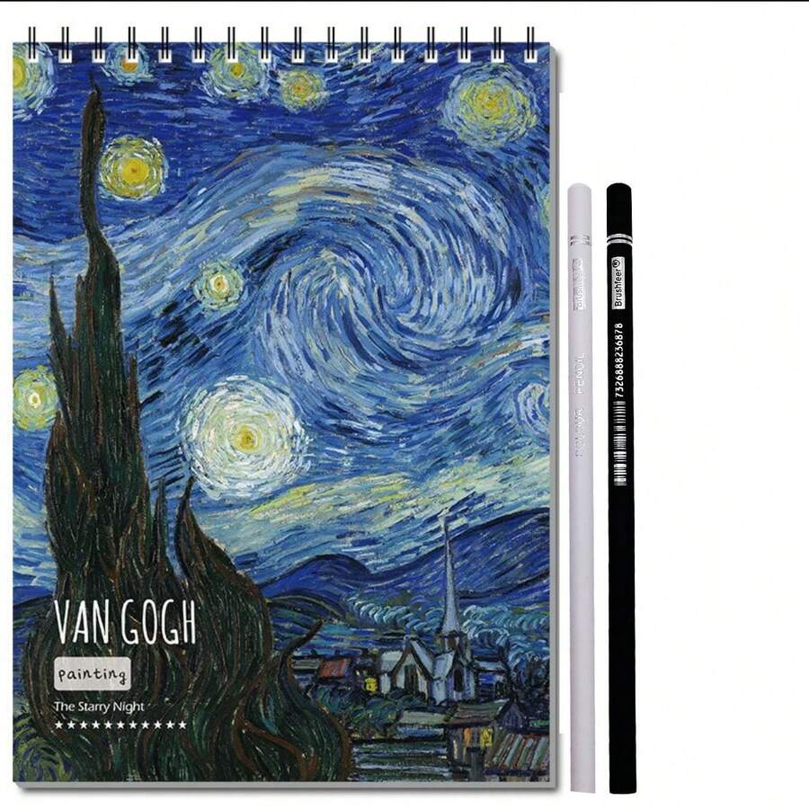 1 Sổ tay A5 + 2 Bút chì, Sổ tay trang trắng với hình minh họa tranh Van Gogh. - Xanh đậm - Xem 1