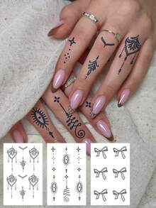 CAT QUEEN ART 30片/4片/3片装半永久手指纹身贴纸，简约精致的星月爱心蝴蝶蜘蛛艺术文字图案，适合作为狂欢节和情人节派对礼物，采用天然植物成分DIY，可用于手指、耳朵、肩膀、脖子、锁骨等部位，临时假纹身，1-2周不褪色，不反光，防水，逼真纹身贴纸。 - 藍色 - 查看 18