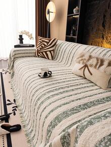 1pc Bohemian Style Velvet Sofa Cover, Suitable For L-Shaped Sectional Sofa, With Tassel Decor - Pet Friendly, Machine Washable Non-Slip, 100% Polyester, Fits 1-4 Seater Sofa, Furniture Protector. Tassel Detail Design, Cozy And Warm, Suitable For Living Room Sectional Sofa. - Green - View 6