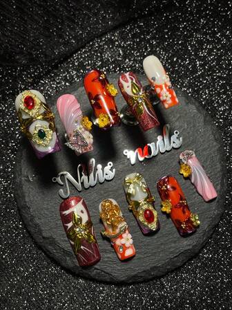 10pcs Handmade Nail Acrylic Press On Nails Long Square New Year Nails, Red Cat's Eye&Orange&Pink&Blue Tie Dy Handmade Carving Flowers&3D Waterdrop Lines 3 D With Rhinestone Pearls&Bow And Other Nail Accessories, Acrylic Nail Supplies Are Suitable For New Year Festivals, Daily, Gatherings,Parties, And Are Great Gifts For WomenAnd Girls,Equipped With 1 Jelly Pad And 1 Nail File