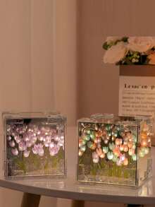 1pc DIY Cube Tulip Night Light, Creative Tulip Flower Design, Battery Powered, Mirror Surface, Beautiful Tulip Flower, Suitable For Home Bedroom Decor, Tabletop Decor, Valentine's Day Gift, Mother's Day Gift, Birthday Gift And Handmade DIY Gift - 立方體 - 查看 3