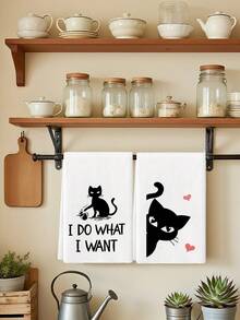 2Pcs Polyester Funny Cat Kitchen Towels, Decorative Dish Towels For Cat Lover, Housewarming Gifts, Wedding Shower Gift, Fun Hostess Kitchen Decor - White - View 4