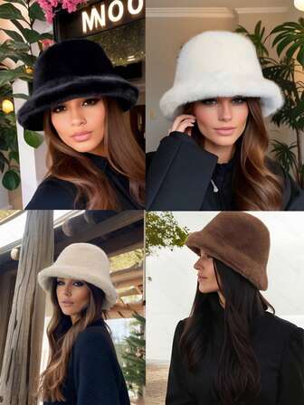 1pc New Solid Color Outdoor Casual Hat, Bucket Hat With Neck Warmer For Women, Autumn/Winter, Thickened, High-Quality Plush Bucket Hat Set