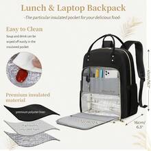 Lunch Backpack 15.6 Inch Laptop Backpack For Women Water Resistant Work Backpack With USB Charging Port Travel Business Backpack With Lunch Compartment - Black - View 6