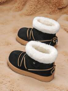 Men's Thick Sole Warm Fur Lined Snow Boots With Lace-Up Closure, Winter New Arrival - Black - View 4