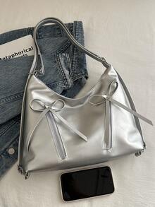 女士PU单肩包，时尚百搭斜挎包，手提包，托特包 - 銀色 - 查看 4