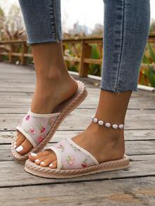 New Women's Mesh Embroidered Flat Beach Slippers, Mesh Material With Large Floral Embroidery Design, Suitable For Beach, Vacation, Outdoor And Home Wear - Beige - View 10