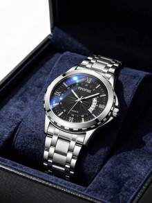 1pc Circular Calendar Luminous Quartz Stainless Steel Band Casual Business Men's Watch - one-size - View 13