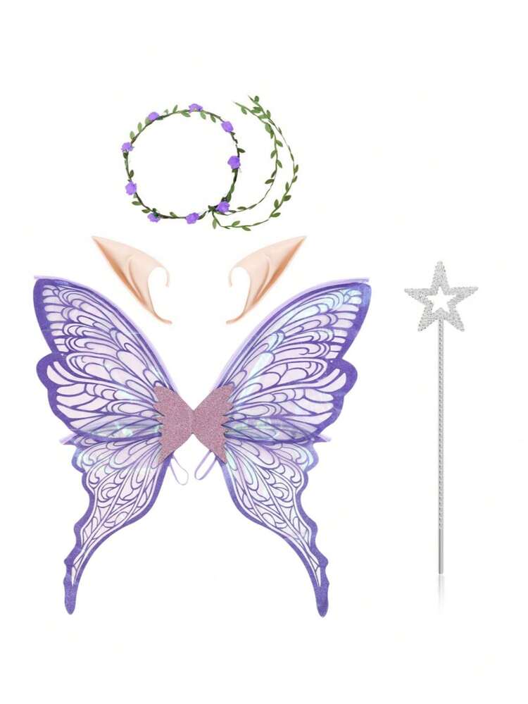 1件/4件装仙女蝴蝶翅膀，嘉年华派对表演道具，闪亮蝴蝶翅膀婚纱天使翅膀，女士狂欢节服装配饰，金箔彩色翅膀花冠精灵耳朵 - 彩色 - 查看 8